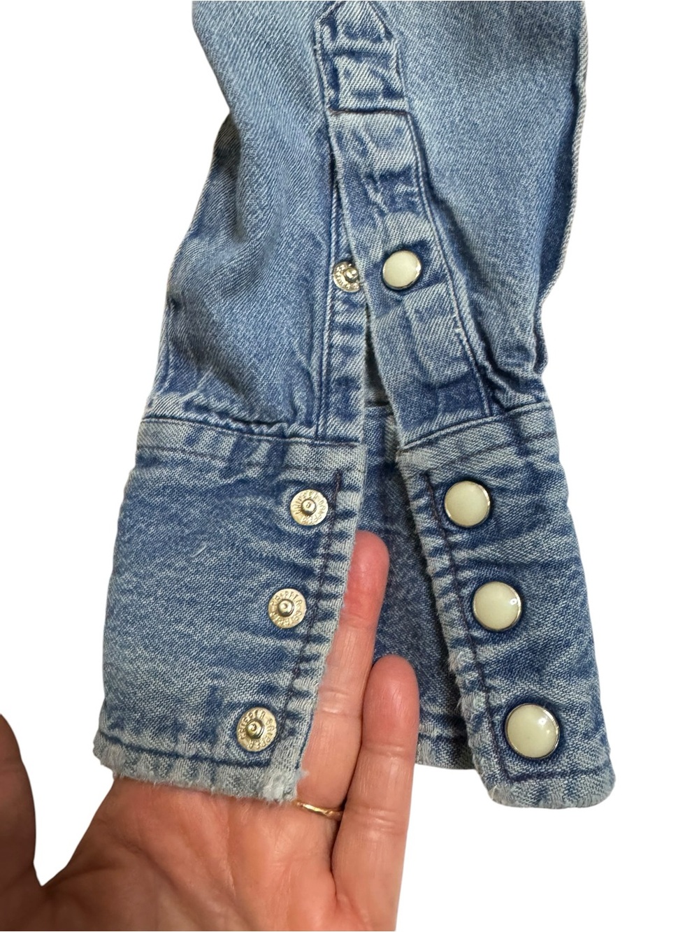 Vintage Wrangler Pearl Snap Denim Western Rancher Shirt Size S? - Picture 5 of 8